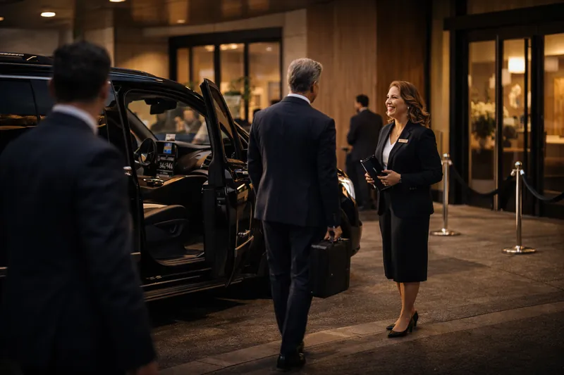 Coordinator welcoming an executive at a vehicle