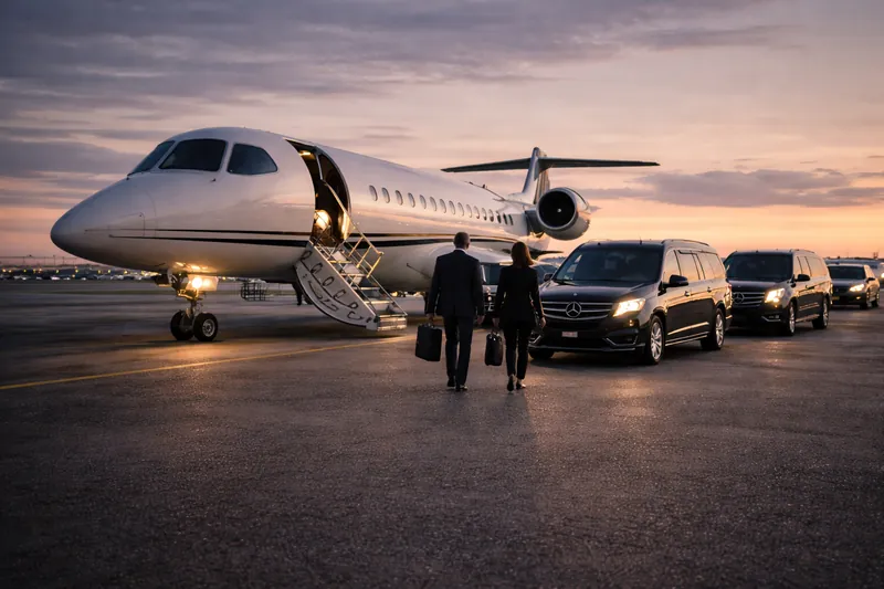 Executives arriving at a private jet with vehicles waiting