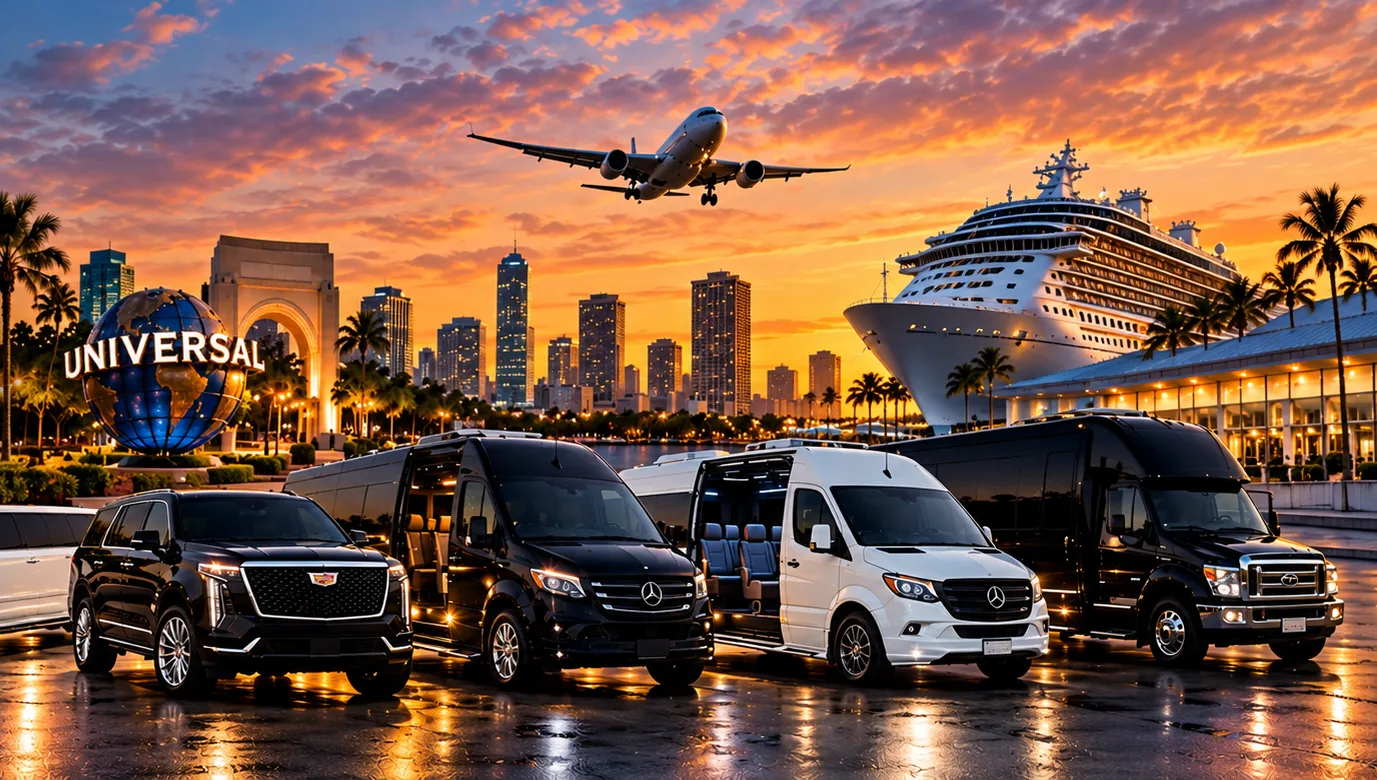 Executive SUVs, Sprinters and a coach staged at sunset with the Orlando skyline