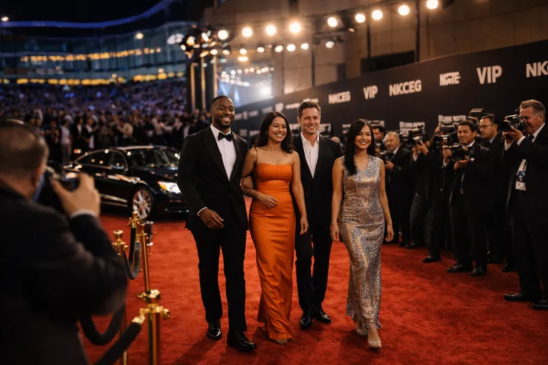 Guests arriving on a red carpet
