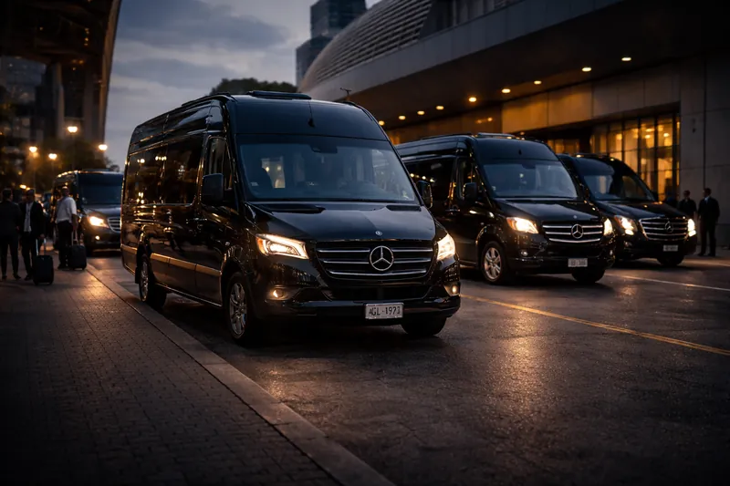 Black Sprinter vans staged outside a venue at dusk