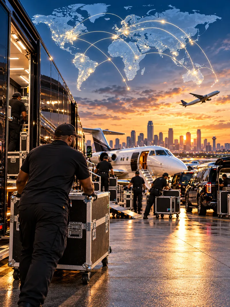 Tour crew loading road cases beside a coach and private jet, with global routes over the skyline