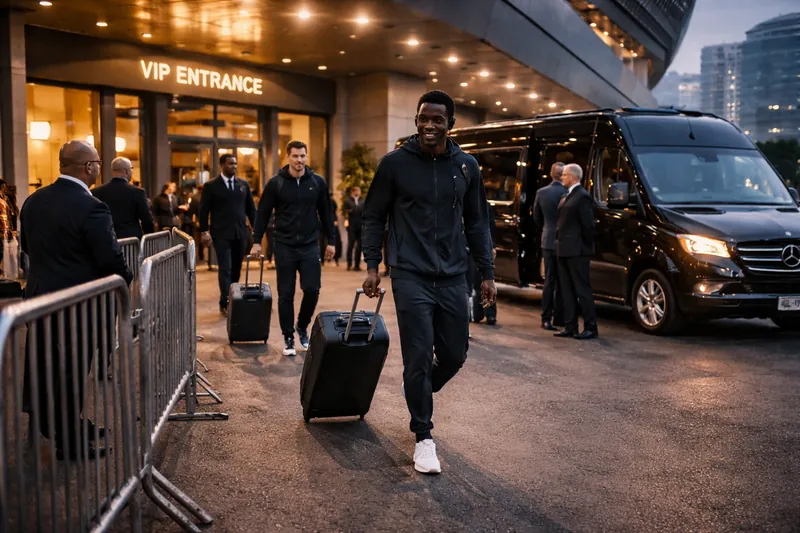 Team arrival with luggage at a hotel entrance